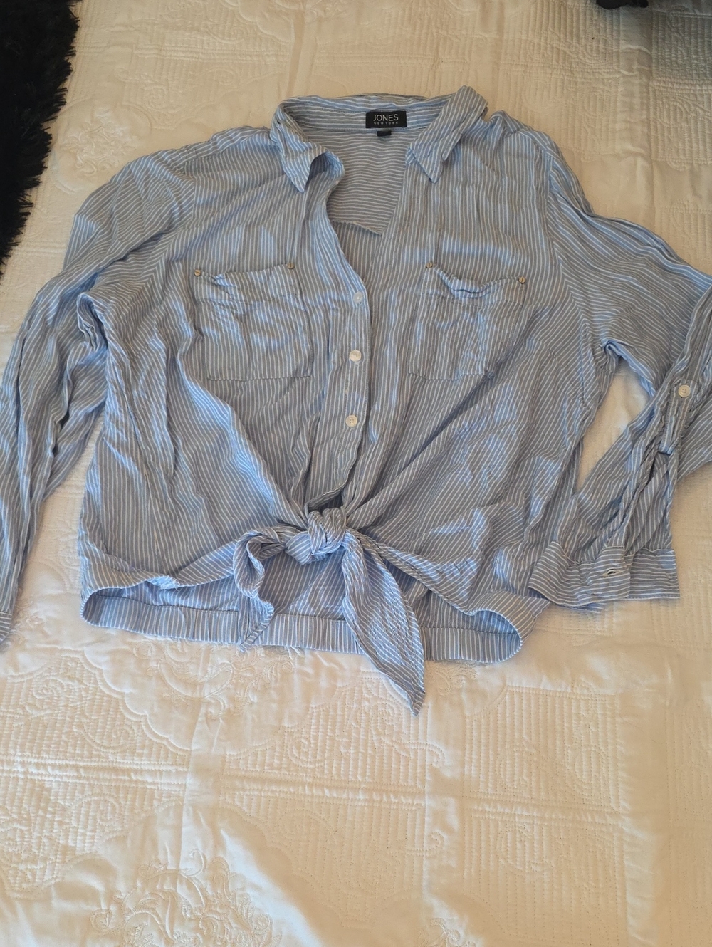 Jones New York Light Blue and White Striped Tie-Front Button-Up Shirt